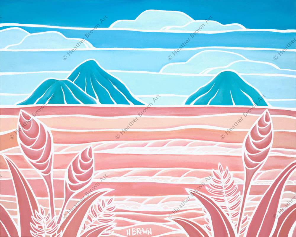 Painting by Heather Brown featuring an iconic view of the "Mokes" off of Lanikai Beach, Oahu.