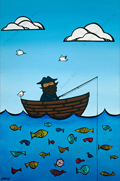Life at Sea Level - Painting of a fisherman out looking for a good catch by Hawaii artist Heather Brown