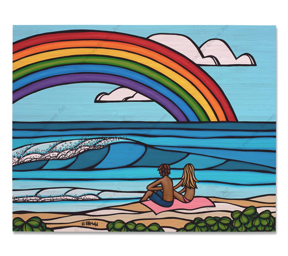 Love Under the Rainbow - Bamboo wood print of a couple enjoying a romantic day at the beach with a classic Hawaiian rainbow off into the distance by tropical artist Heather Brown