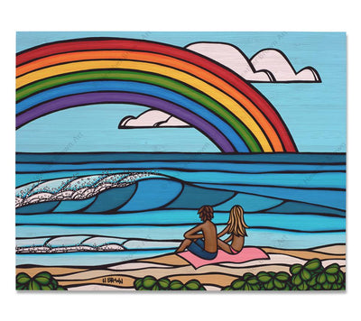 Love Under the Rainbow - Bamboo wood print of a couple enjoying a romantic day at the beach with a classic Hawaiian rainbow off into the distance by tropical artist Heather Brown
