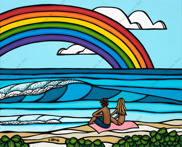 Love Under the Rainbow - Painting by Heather Brown featuring a couple enjoying a romantic day at the beach with a classic Hawaiian rainbow off into the distance.