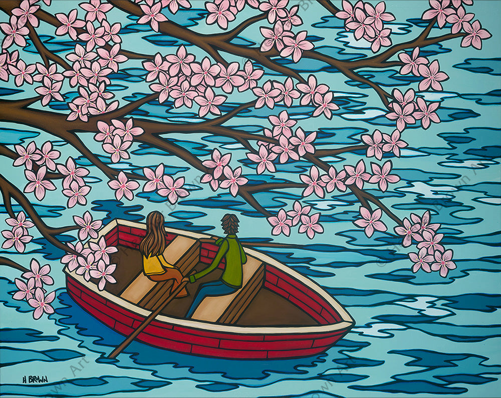 Love and Sakura is Limited Edition Giclée by Heather Brown featuring a couple in a row boat enjoying the view of beautiful Sakura blossoms.
