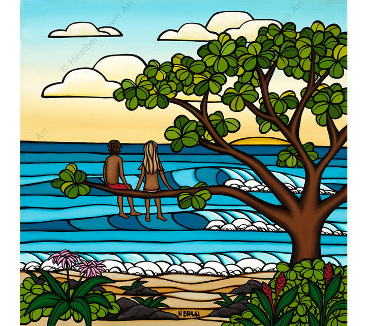 Love in Nature - Tropical Painting from Heather Brown Art of a couple sitting in a tree looking out over the beautiful Hawaiian landscape as the sun sets over the ocean.
