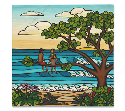 Love in Nature - Bamboo wood print of a couple sitting in a tree looking out over the beautiful Hawaiian landscape as the sun sets over the ocean by tropical artist Heather Brown