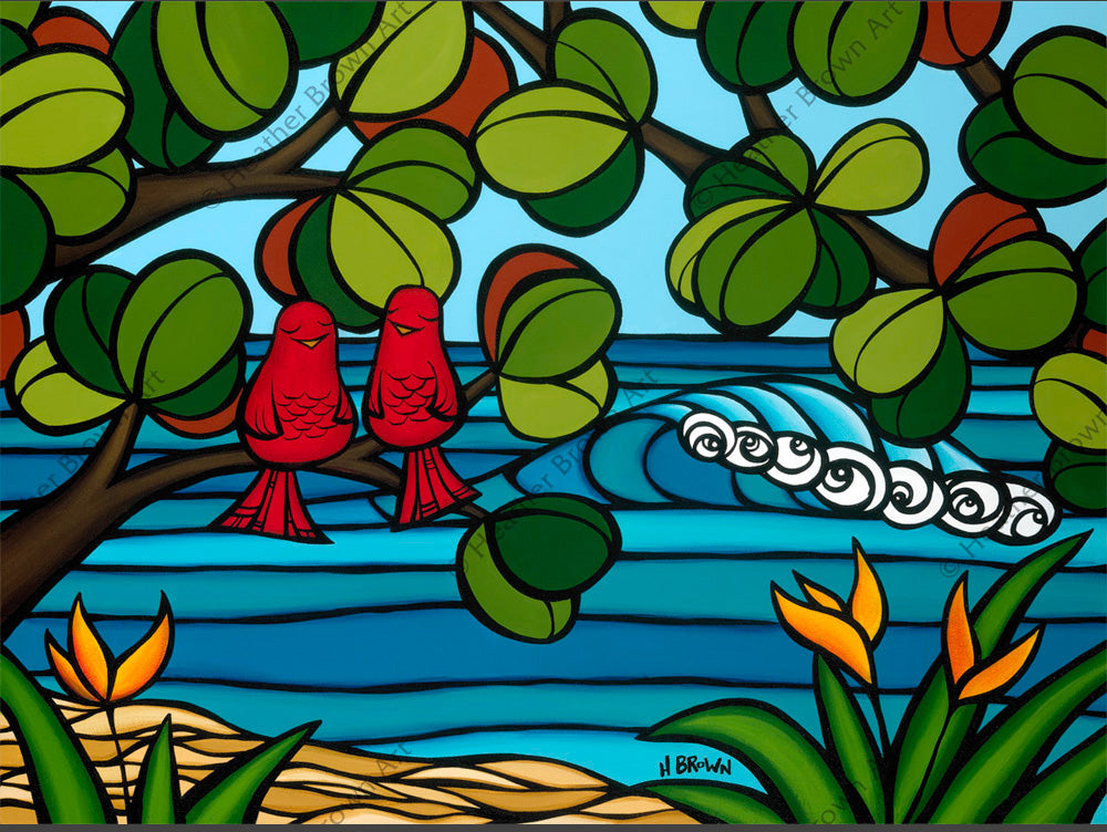 Love Birds - Tropical Hawaiian bird painting by Hawaii surf artist Heather Brown