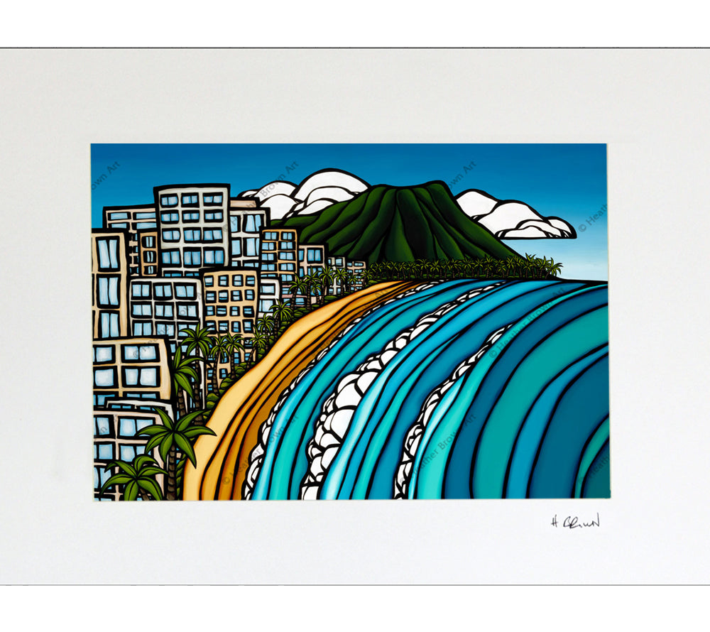 Waikiki - Matted Print on Paper (Mat Only) by Hawaii surf artist Heather Brown