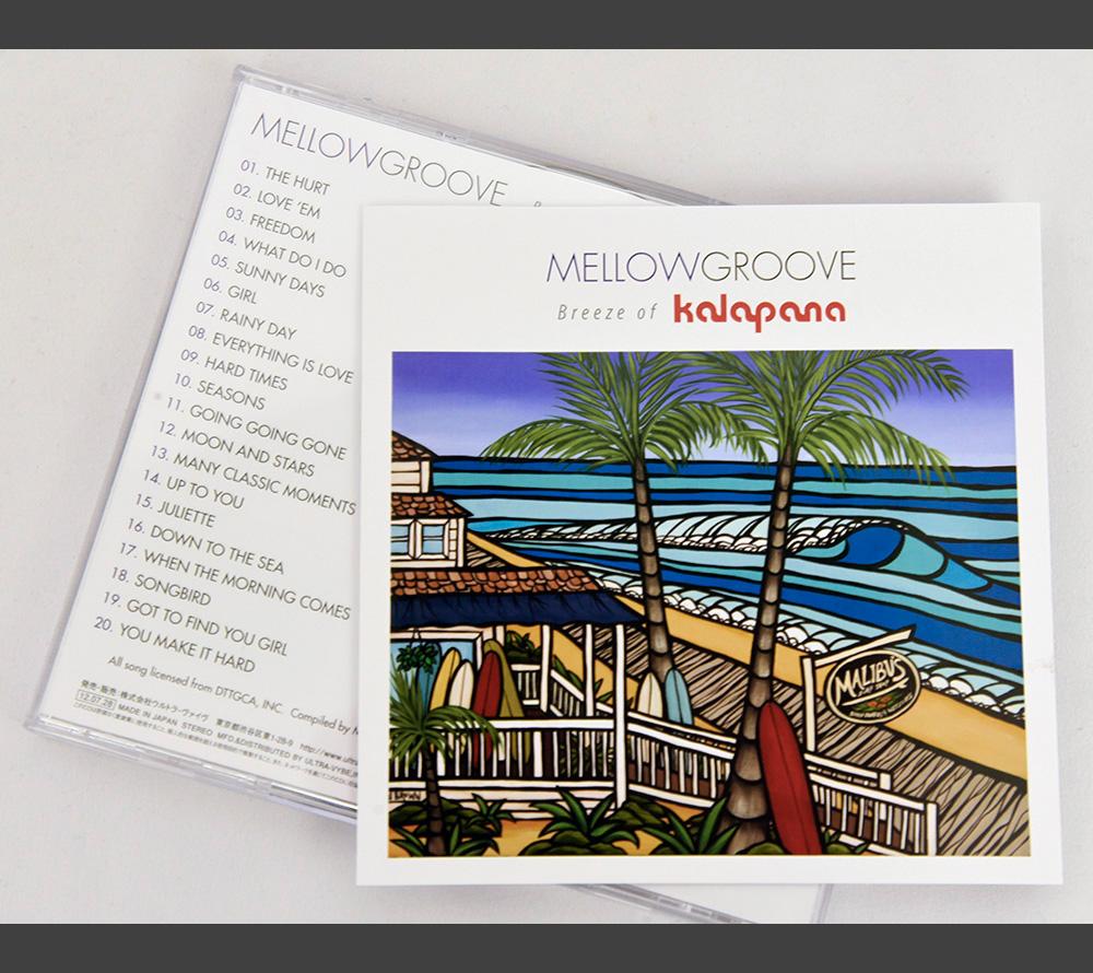 Kalapana's MELLOWGROOVE CD with Heather Brown's Malibu's Surf Shop on the cover.