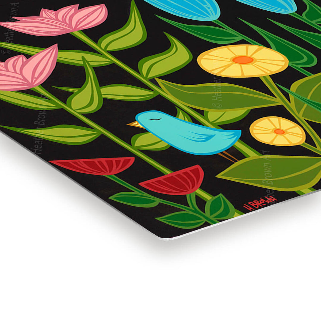 heather brown hawaii surf artist midnight bluebird metal print edge detail tropical bird and flowers