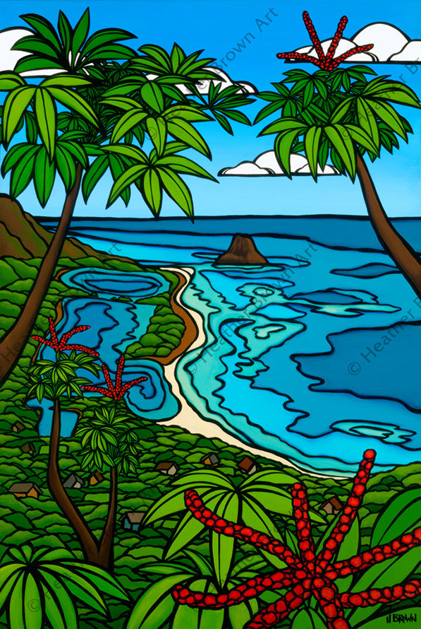 Moli'i Fishpond by Hawaii artist Heather Brown. This painting features an amazing view of the famous Moli'i Fishpond on Oahu.