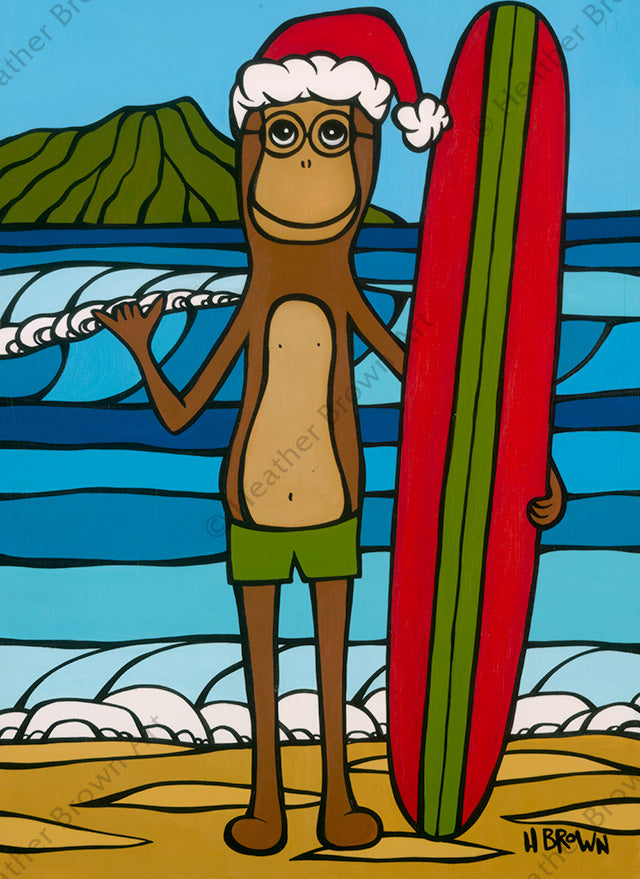 Longboarding with Francis on Christmas - An adorable Monkey wearing a Santa hat out for a day of holiday surfing by Hawaii surf artist Heather Brown