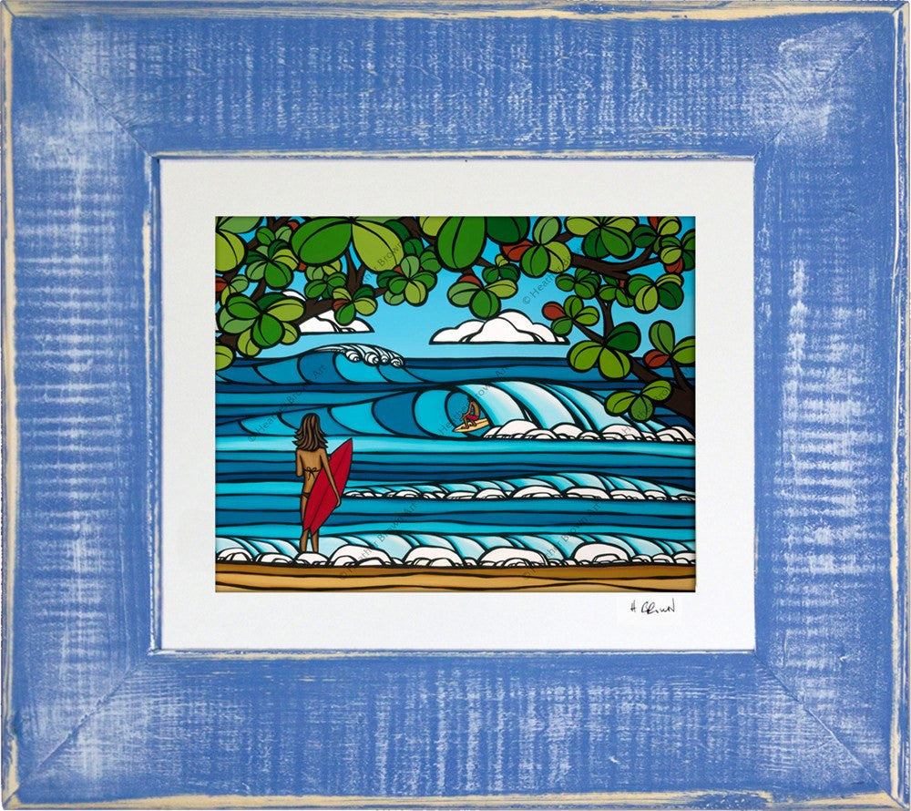 North Shore Holiday - Matted Print on Paper with Classic Blue, Reclaimed Wood Frame by Hawaii surf artist Heather Brown