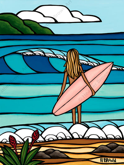 Paradise Session - Matted print of a surfer girl heading into the ocean to catch the perfect wave by Heather Brown
