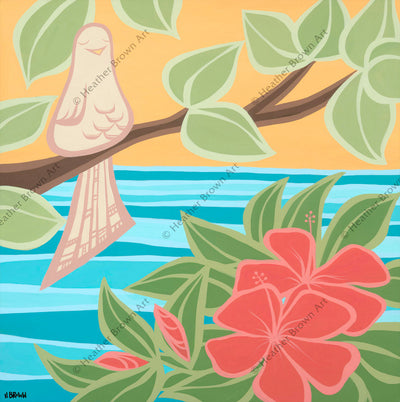 Peaceful Bird - Pastel colored scene with a bird, peacefully sitting in a tree as the sun sets on the water by Hawaii surf artist Heather Brown