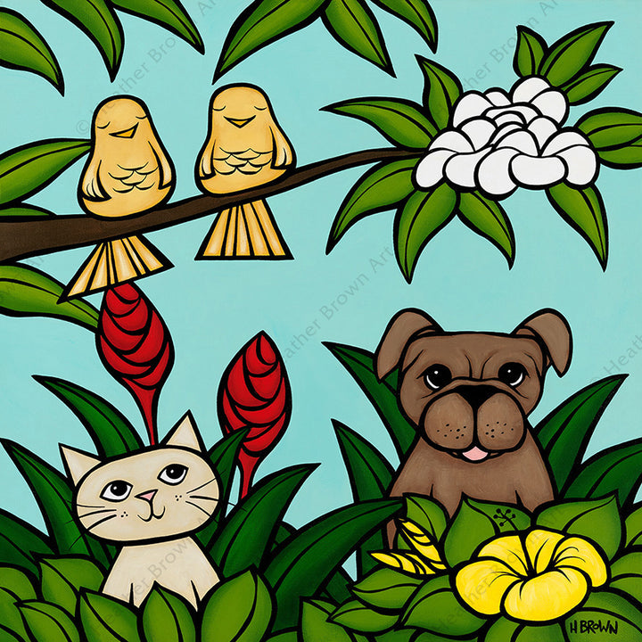 Pets in Paradise - Matted print of a dog, a cat, and pair of birds enjoying some beautiful tropical weather and scenery by Heather Brown