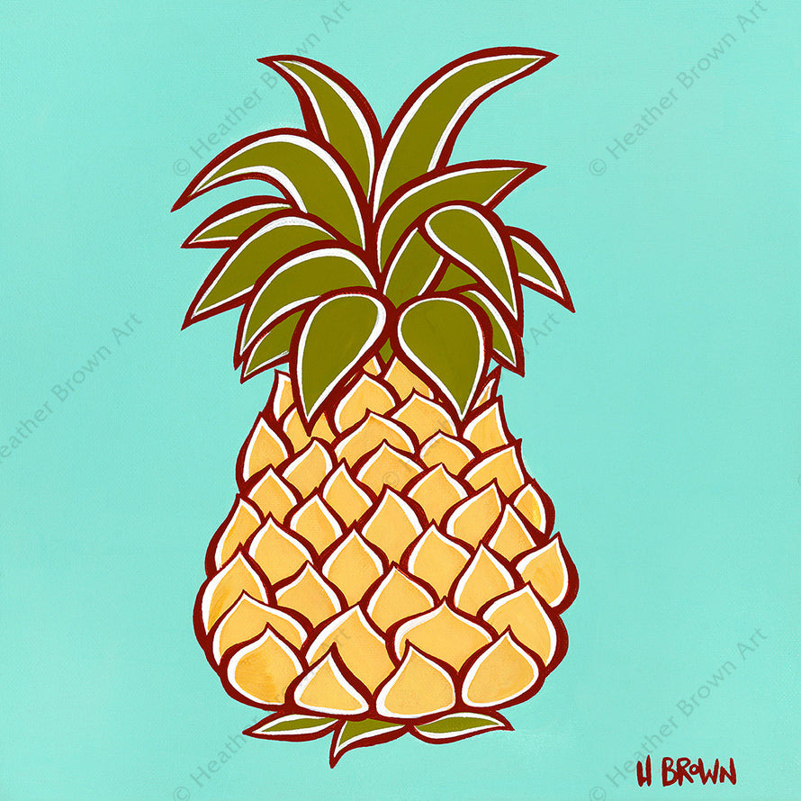"Pineapple", featuring a stylized Hawaiian pineapple, is one of North Shore Oahu tropical artist Heather Brown's new Hawaiiana Elements Series of paintings.