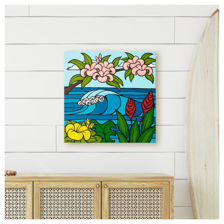 Pink Plumerias Canvas Giclée by Hawaii surf artist Heather Brown mockup