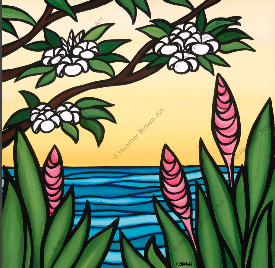 Pink Ginger - Morning view of a calm ocean through tropical Hawaiian flowers by Hawaii surf artist Heather Brown