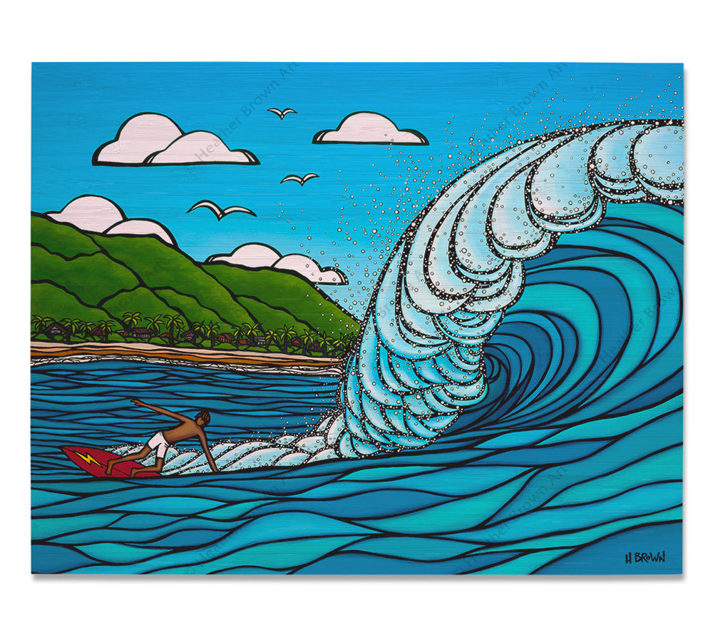 Pipeline Style - Bamboo wood print of Gerry Lopez surfing a huge wave at Pipeline, North Shore of Oahu by tropical artist Heather Brown