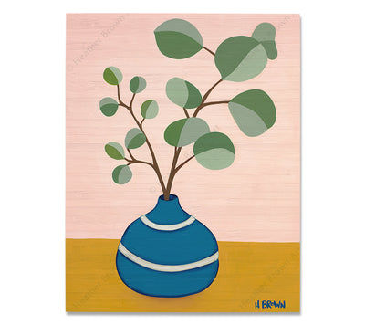 Plant #2599 - Bamboo wood print of a beautiful potted plant still life with unique foliage by tropical artist Heather Brown