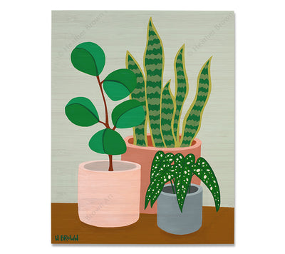 Plant #2602 - Bamboo wood print of a beautiful potted plant still life with unique foliage by tropical artist Heather Brown
