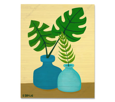 Plant #2603 - Bamboo wood print of a beautiful potted plant still life with unique foliage by tropical artist Heather Brown