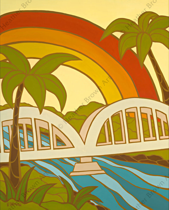 Painting by Heather Brown featuring the iconic Anahulu Bridge in Haleiwa, North Shore, Oahu