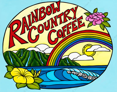 Heather Brown's tropical painting "Rainbow Country Coffee" features a beautiful rainbow arcing over the blue ocean waves, with iconic Hawaiian mountains and flowers in the background.