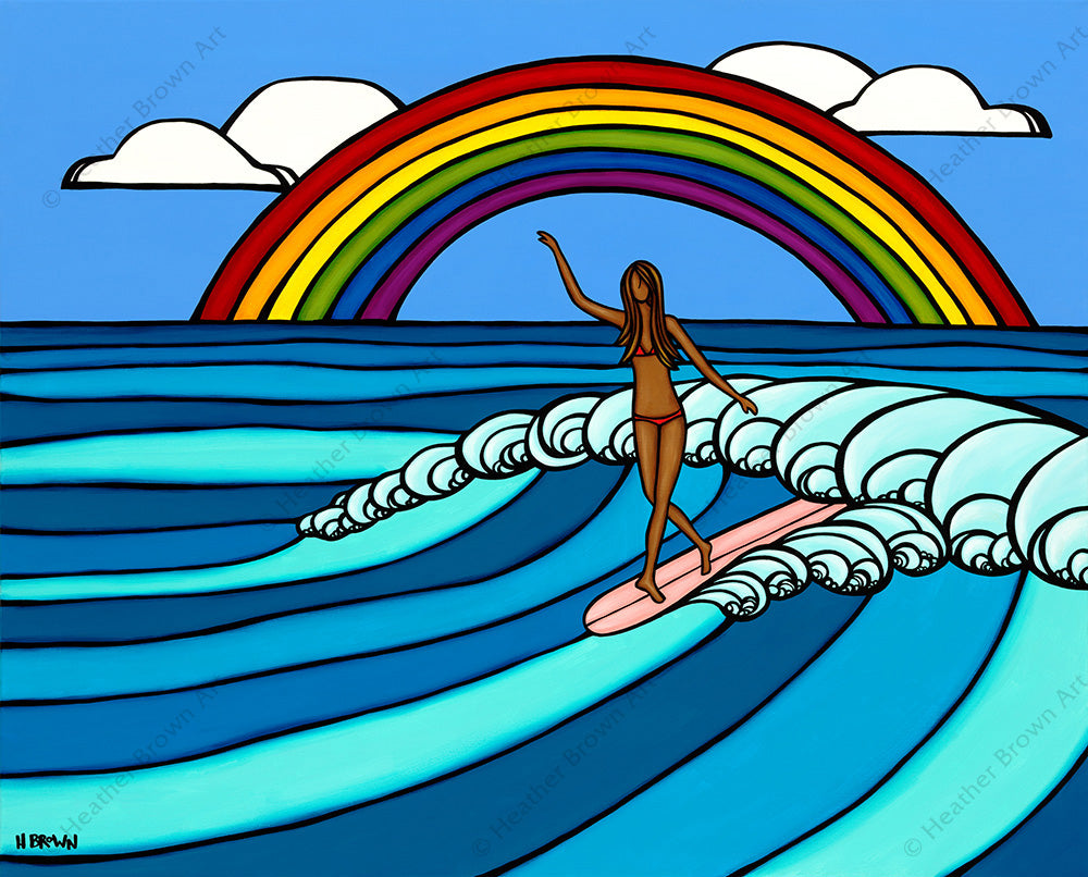 Rainbow Surf - Painting of a surfer girl riding epic waves while framed by a classic Hawaiian rainbow by tropical artist Heather Brown