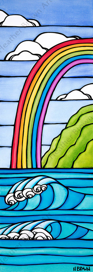Rainbow to the Sea - A classic Hawaiian rainbow arching over rolling waves and a tropical landscape by beach artist Heather Brown