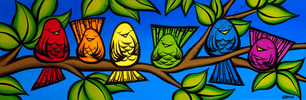 Rainbow Birds - Painting of a family of colorful, friendly birds sharing a branch by tropical artist Heather Brown