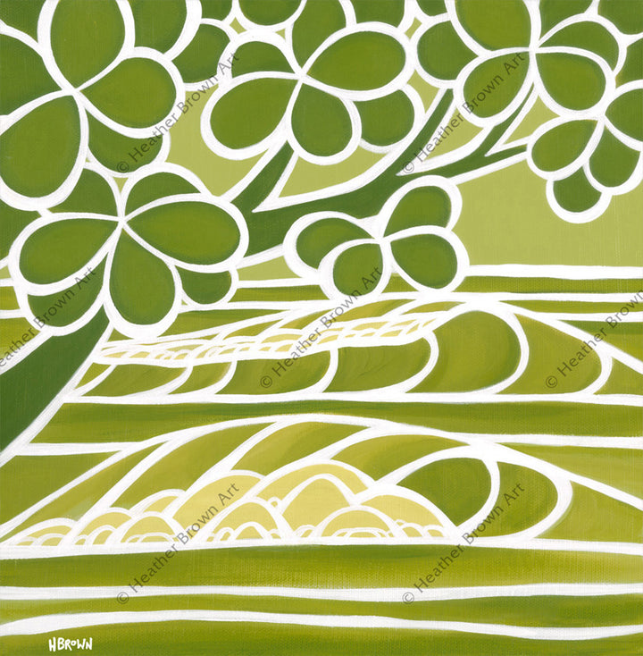 Shades of Hawaii #3 – Green and white monochrome surf art by Heather Brown