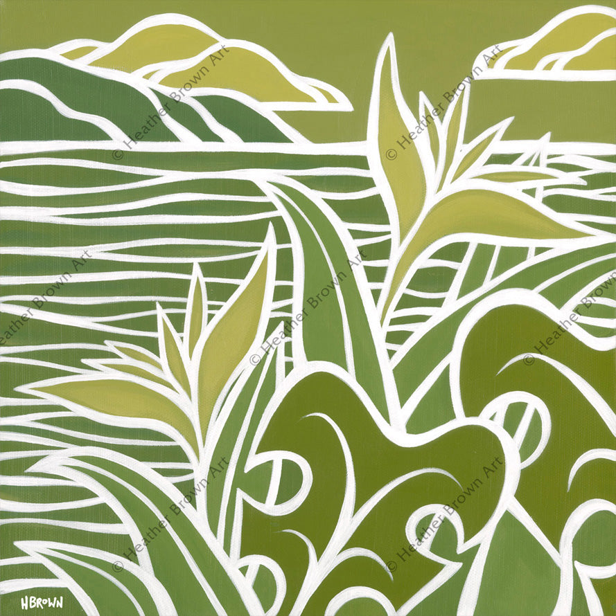 Shades of Hawaii #5 – Heather Brown painted this green and white monochrome surf art of tropical flowers in front of the ocean