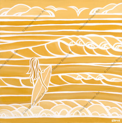 Shades of Hawaii #6 – Yellow and white monochrome of a surf girl wading into the Hawaii waves by Heather Brown