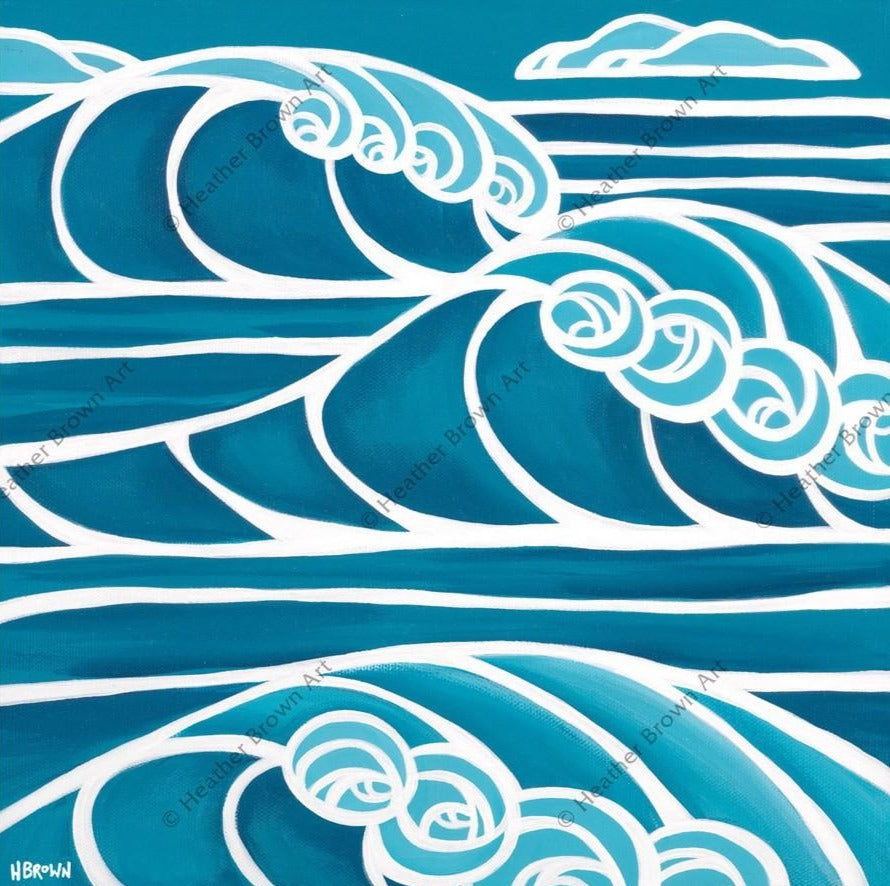Shades of Hawaii #8 – Blue and white surf art showing big Hawaii waves by surf artist Heather Brown