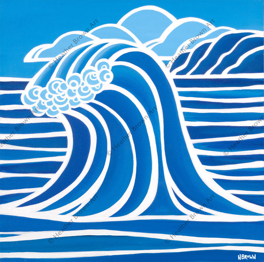 Shades of Hawaii #9 – In this surf art by Heather Brown an ocean wave stands tall in shades of blue and white