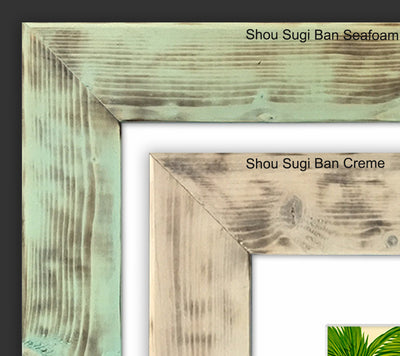 Corner Detail – Shou Sugi Ban Seafoam and Creme Reclaimed Wood Frames by Heather Brown Art