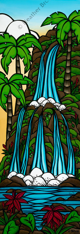 Sunrise Waterfall by Hawaii artist Heather Brown. This painting depicts an idyllic Hawaiian waterfall as it cascades into a foliage-lined pool at the bottom of the mountain.
