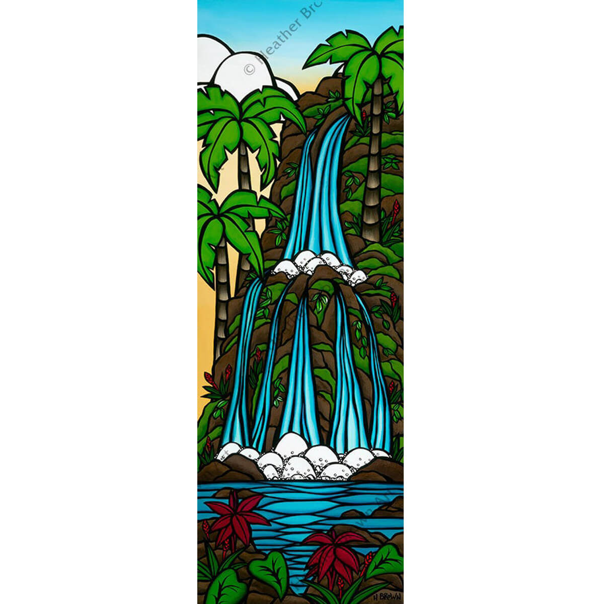 Sunrise Waterfall by Hawaii artist Heather Brown. This painting depicts an idyllic Hawaiian waterfall as it cascades into a foliage-lined pool at the bottom of the mountain.