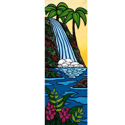 Sunset Waterfall - Open Edition Giclee on Canvas featuring a serene waterfall seen at sunset in a tropical oasis.