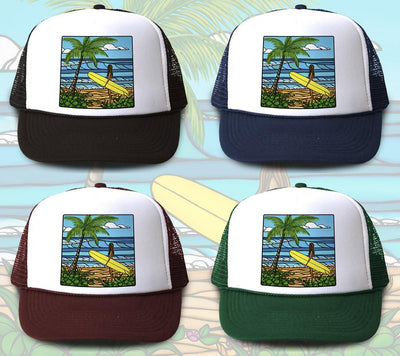 "Sunshine Surf" Trucker Hat is available in four hat colors