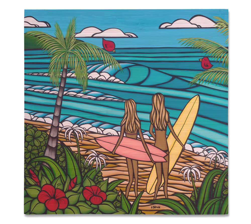 Surf Sisters - Bamboo wood print of two sisters out for an epic day of sun, surf, and sea by tropical artist Heather Brown