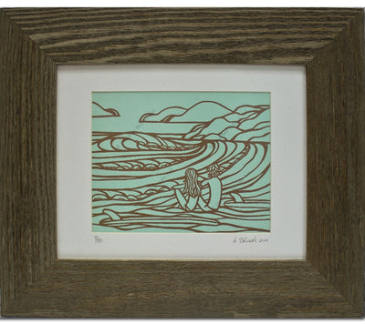Framed Surf Silk Screen artwork by Heather Brown showing a couple on the beach