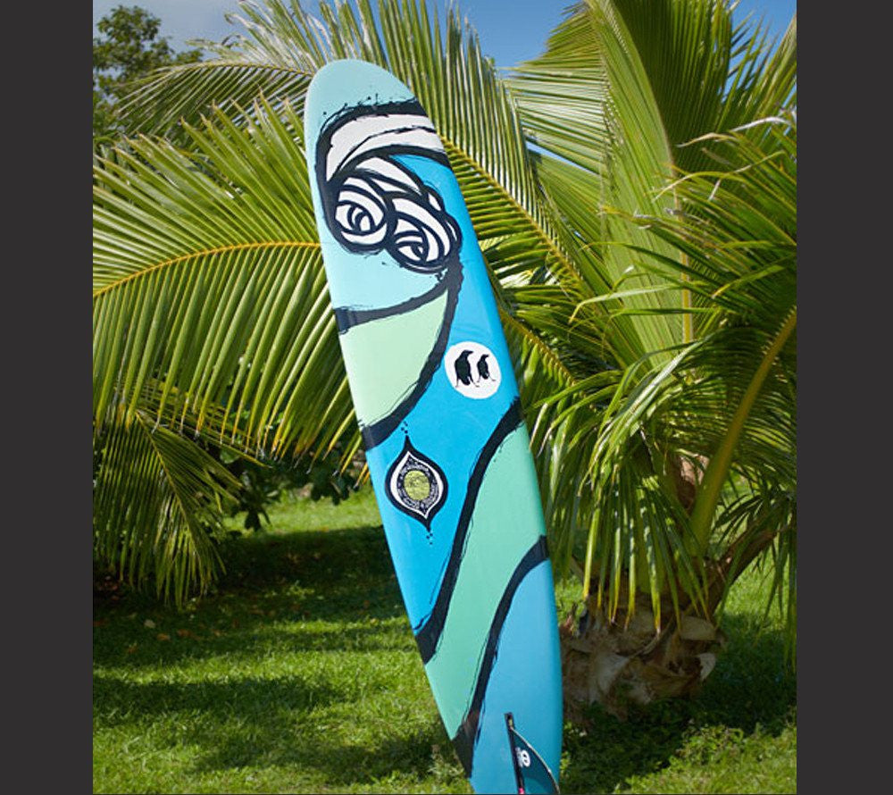 Unique surfboard hand made and hand painted by the godmother of modern surf art Heather Brown