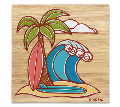 Surfboards - Bamboo wood print of a classic view of a surfboards leaning against a palm tree with an epic wave rolling in by tropical artist Heather Brown
