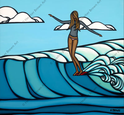 Painting by Heather Brown featuring a surfer girl catching an epic wave.
