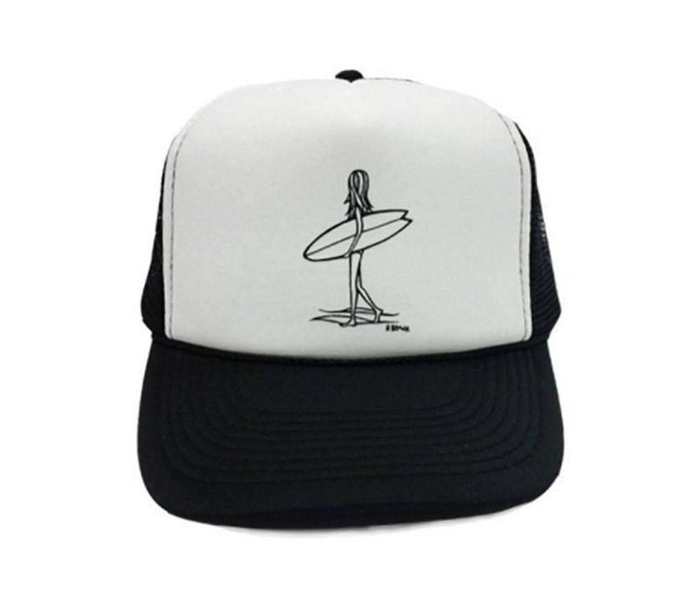 Black and White Surfer Girl Trucker Hat by Hawaii artist Heather Brown