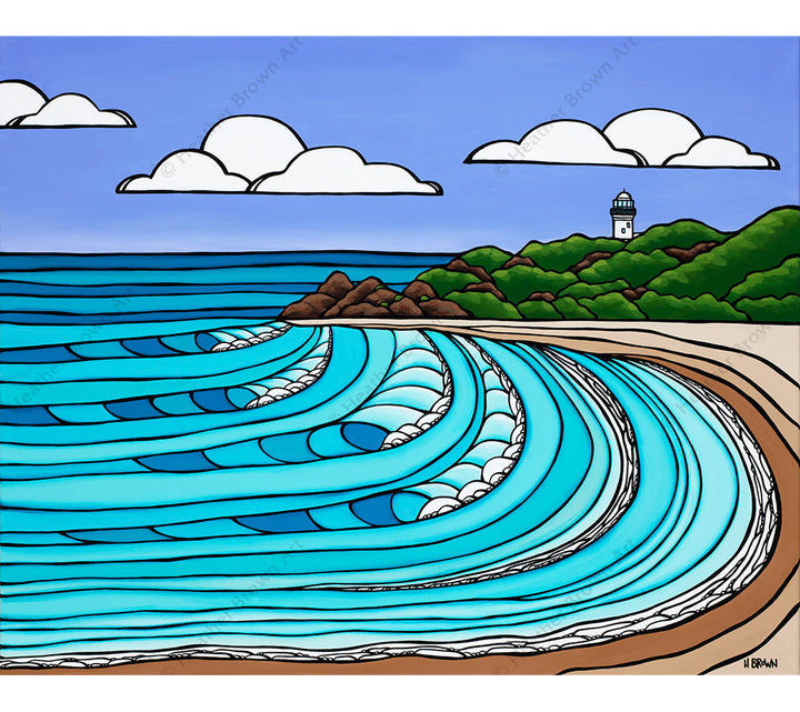 Matted Artwork Print by Tropical Artist Heather Brown of a beautiful view of "The Pass" beach and its signature lighthouse in Byron Bay, Australia.