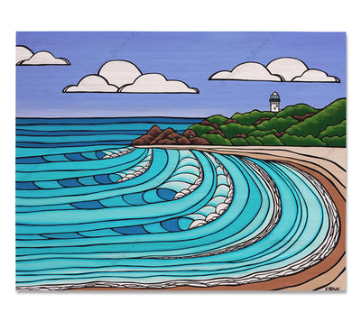 The Pass, Byron Bay - Bamboo wood print of a beautiful view of "The Pass" beach and its signature lighthouse in Byron Bay, Australia by tropical artist Heather Brown