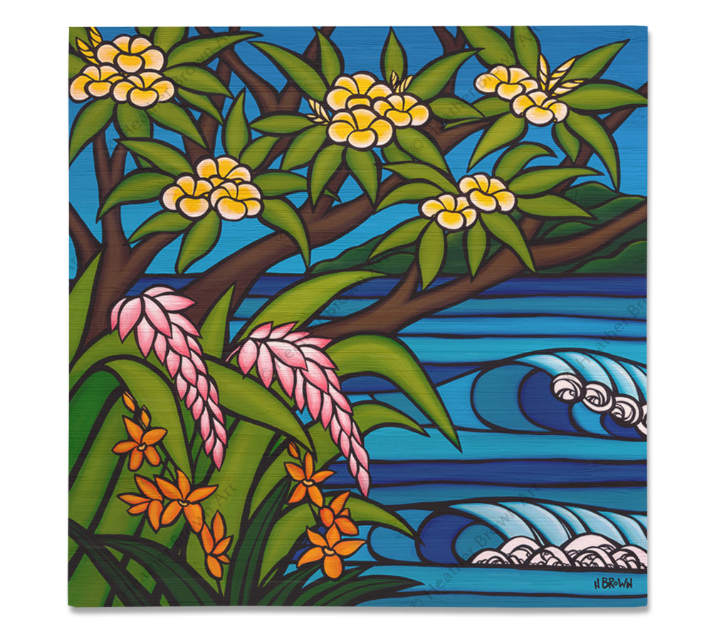 Tropical Hawaii - Bamboo wood print of several beautiful, bright colored flowers native to Hawaii by tropical artist Heather Brown