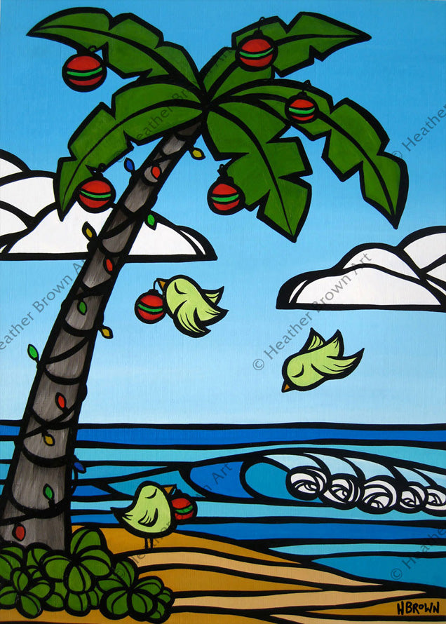 Tropical Christmas "Happy holiday birds decorating a Hawaiian Christmas palm tree by Hawaii surf artist Heather Brown